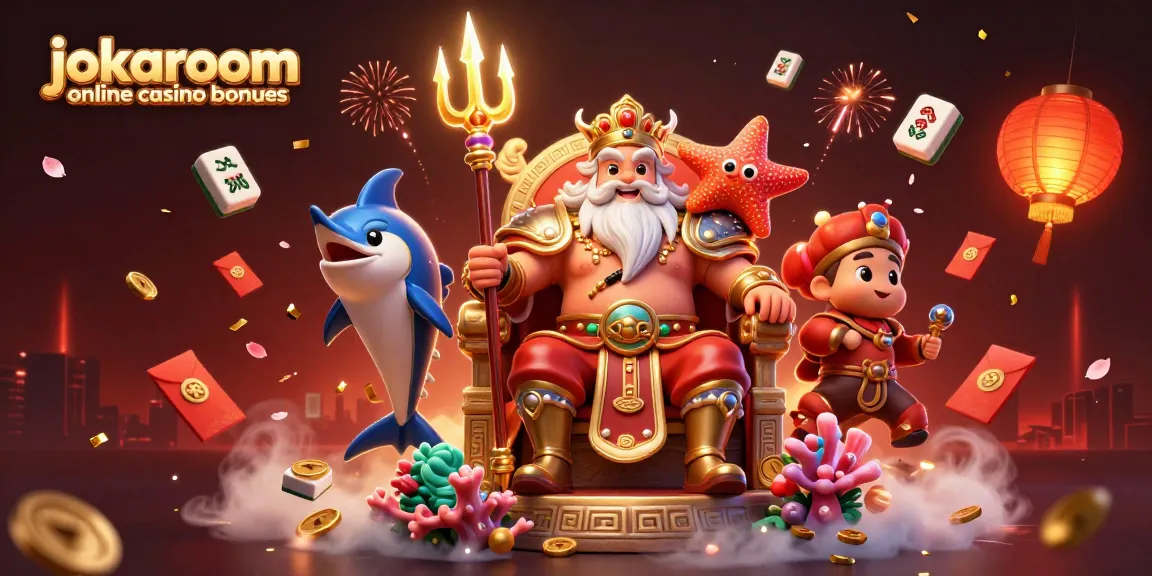 Promote jokaroom online casino bonuses with an enticing 3D digital illustration of Neptune and lucky symbols.