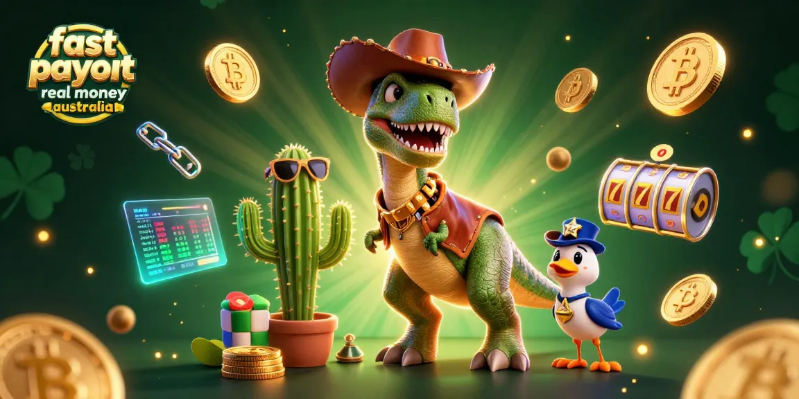 Discover fast payout real money casinos australia in a vibrant 3D illustration of a cowboy T-Rex and friends.