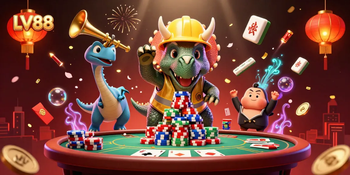 Experience LV88 action with a dynamic scene of cartoon dinosaurs celebrating a winning poker game.