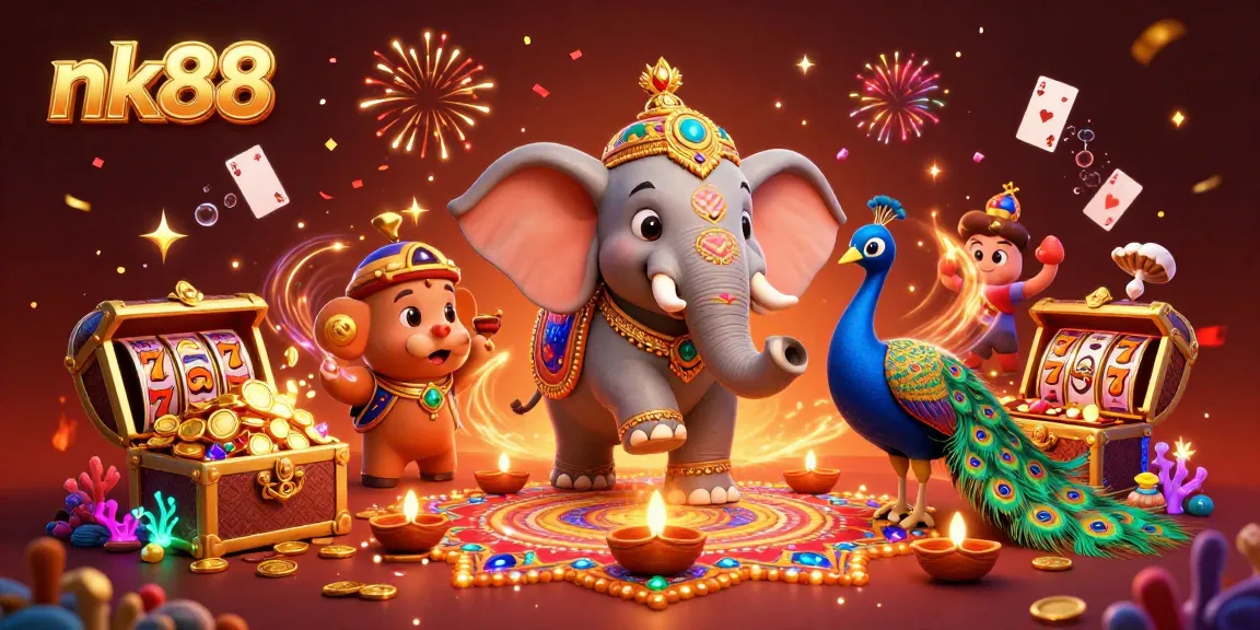Engage with vibrant nk88 casino thrills featuring a dynamic elephant and peacock amid colorful elements.