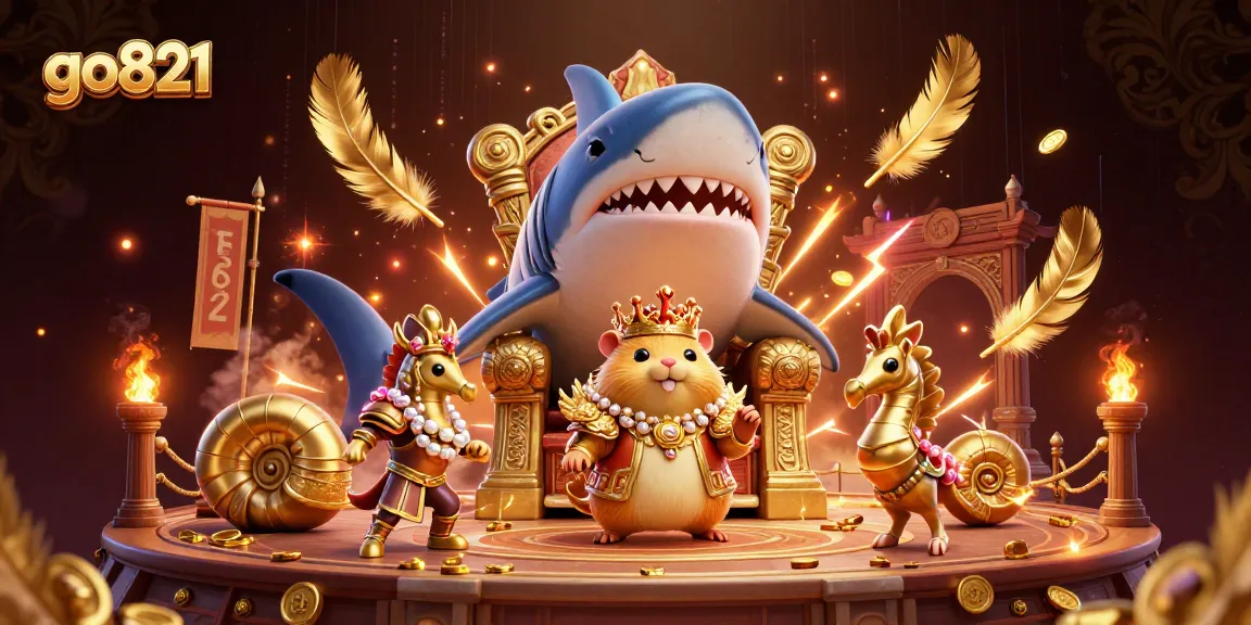Experience go821 with a fierce golden hamster king in a vibrant casino atmosphere.
