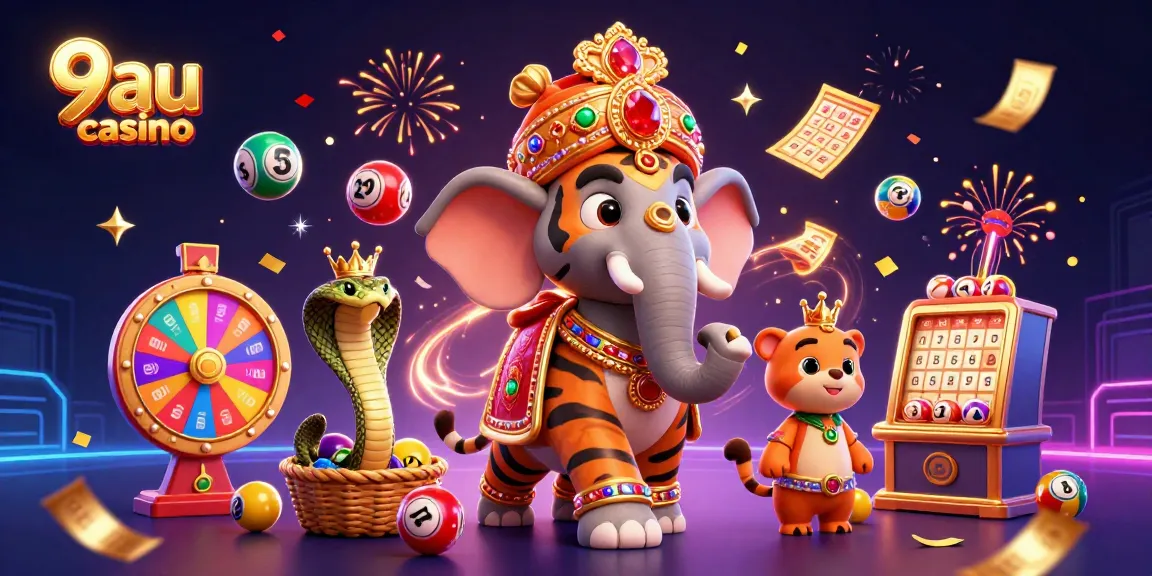 Engage with the vibrant 9au casino experience featuring an elephant and a maharaja tiger amidst colorful lottery elements.