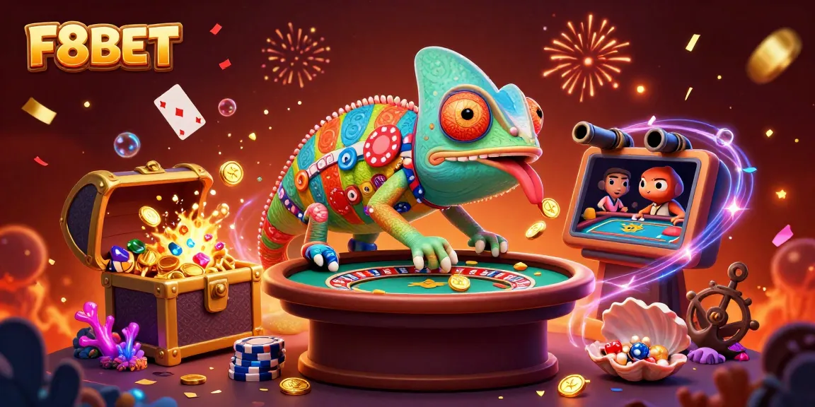 Experience F8BET's vibrant casino world with a colorful chameleon easily managing games and golden coins.